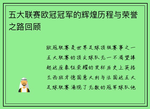 五大联赛欧冠冠军的辉煌历程与荣誉之路回顾