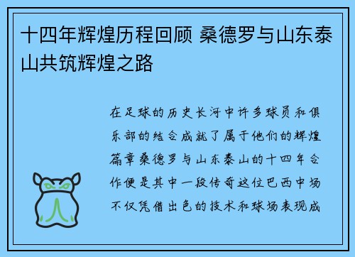 十四年辉煌历程回顾 桑德罗与山东泰山共筑辉煌之路